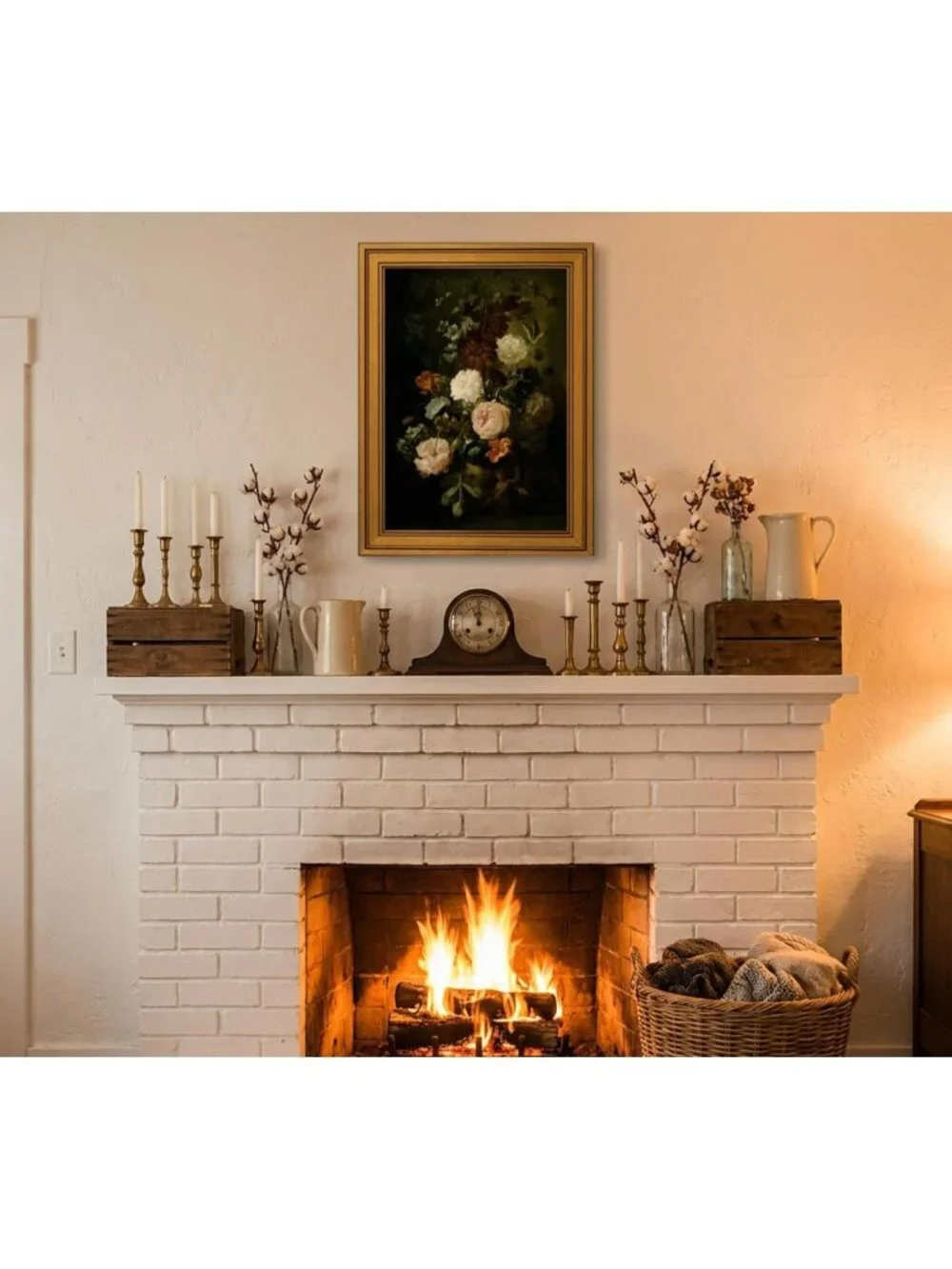 Vintage Floral Canvas Wall Art - Gold Frame Dark Flower Print for Rustic Decor